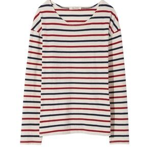 Nili Lotan Cream Long Sleeve Stripe Boatneck Top with Red & Navy
